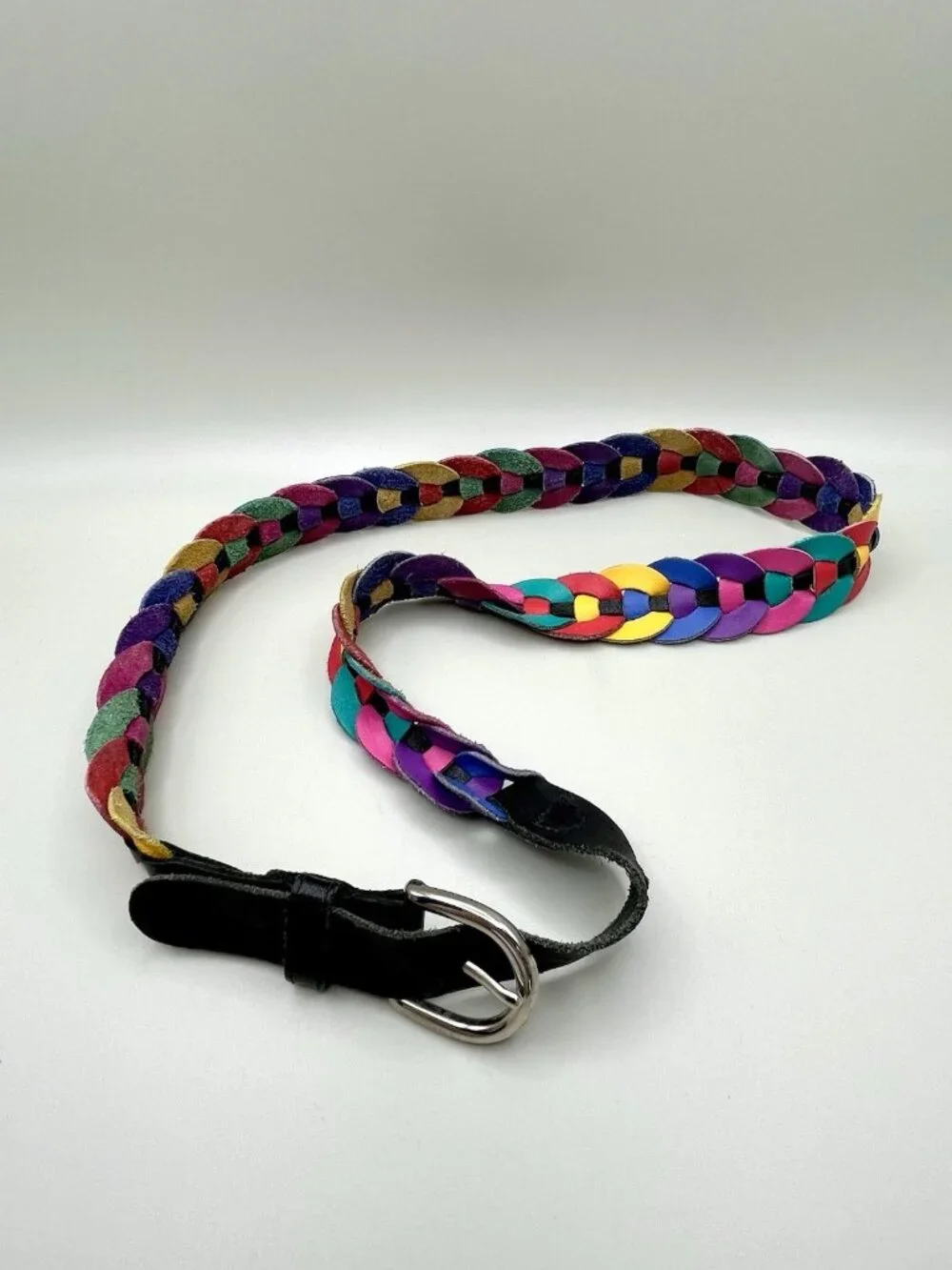 VTG 80s Rainbow Braided Genuine Leather Belt Size Large Colorblock Retro Funky